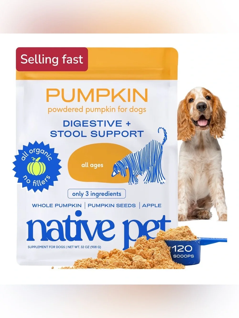 Native Pet Pumpkin for Dogs - Organic Dog Food Topper Powder - 03/11/27